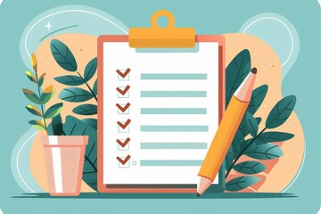 Checklist on Clipboard, Pencil, Leafy Background, Illustration