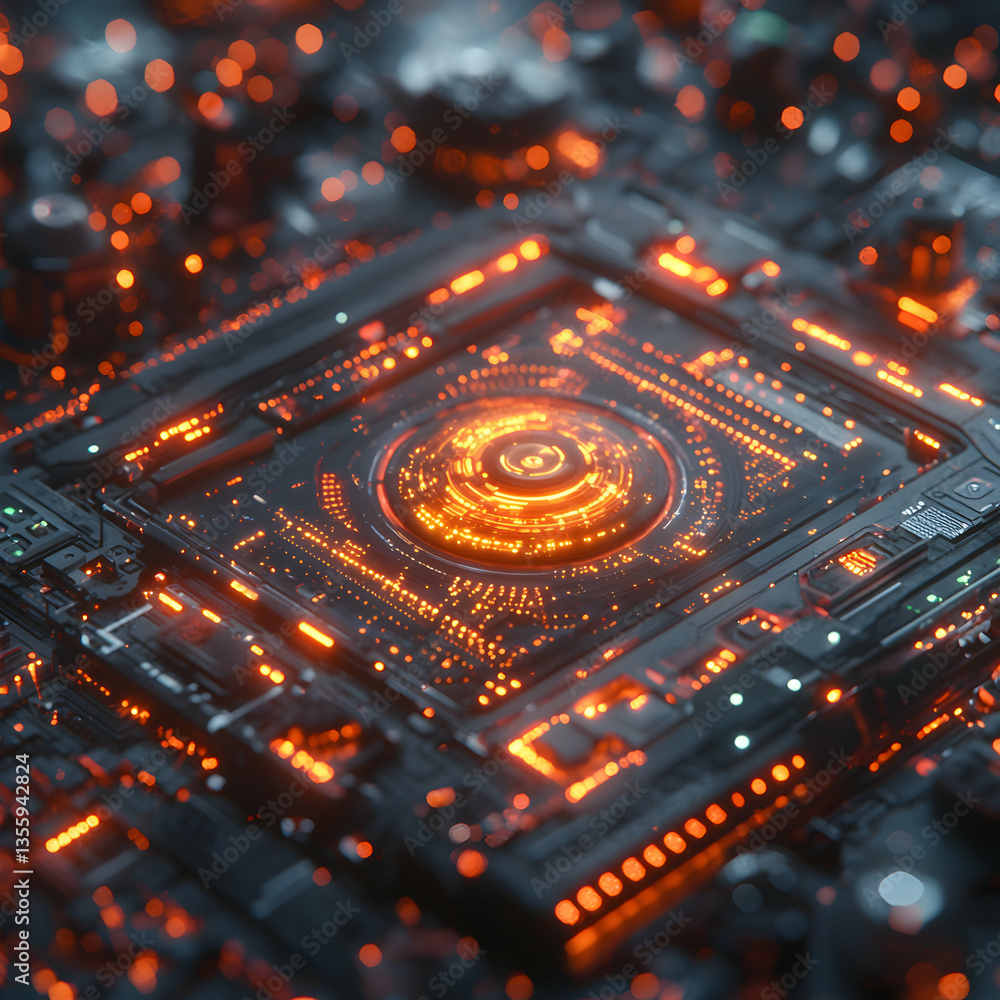 Poster futuristic tech design showcases a glowing circuit board core. ideal for digital art graphic design 