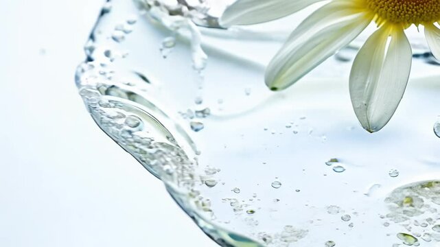 Super slow motion video of immersing daisy petals into water, isolated on white background, with clean, minimalist lighting