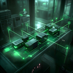 A futuristic tech lab displays interconnected devices emitting green light. Application: Visualize network data flow or design a sci-fi game environment.