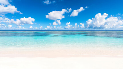 Obraz premium serene beach with clear turquoise water and fluffy clouds