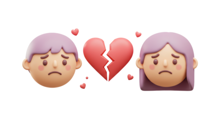 Isolated Broken Heart Between Two Cartoon Faces