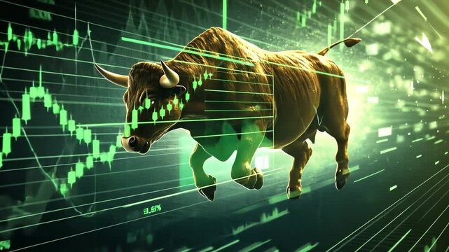 A charging bull made of gold, surrounded by floating stock market graphs, green candlesticks showing an upward trend