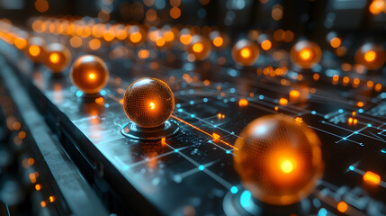Futuristic glowing orbs rest on a circuit board. The image suggests advanced technology perhaps for data processing or communication networks. It is a good wallpaper