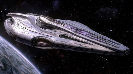 A long silver spacecraft is traveling through deep outer space near a planet