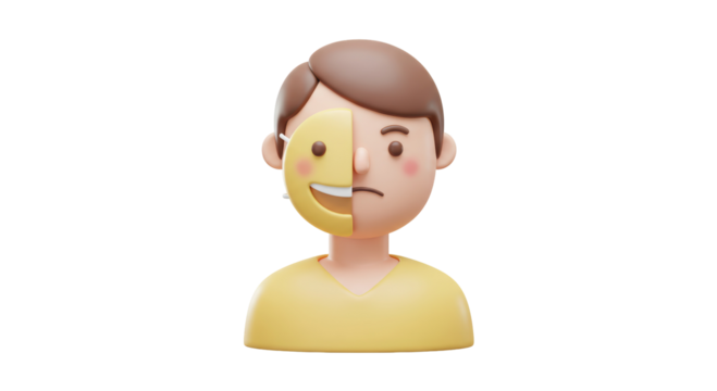 Isolated Man Holding a Happy Mask Covering Sad Face - Powered by Adobe