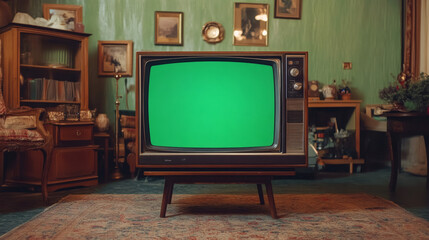 Vintage Television Set Displaying Green Screen in a Classic Living Room Setting with Antique Furniture and Warm Lighting