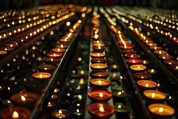 Obraz premium Lit Diyas (oil lamps) - Rows of glowing diyas representing the lights of Diwali 