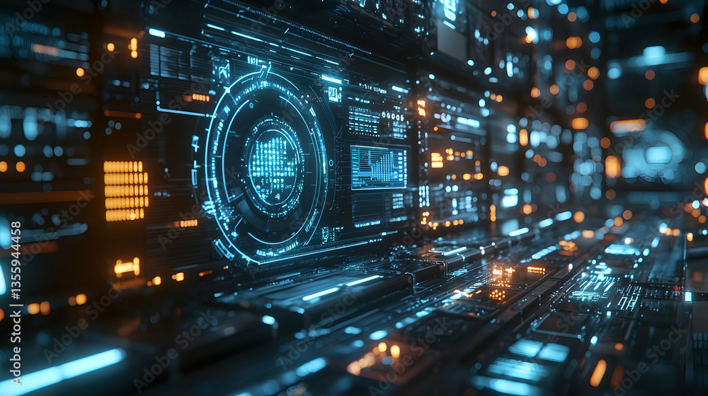 Poster futuristic data center visualization. suggesting use in sci-fi game environments or technology prese