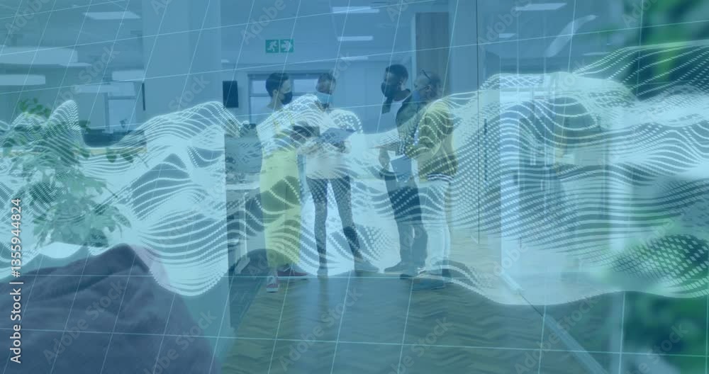 Poster diverse team collaborating in office with digital wave animation overlay