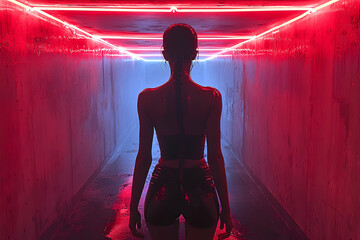 A person in a tunnel illuminated by neon lights. It exudes mystery and allure. Excellent for music album covers or fashion editorials.