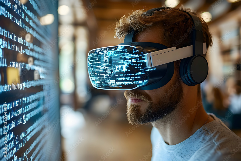 Aufkleber a person wears vr goggles and looks at a screen with code. it could be software development. the sce