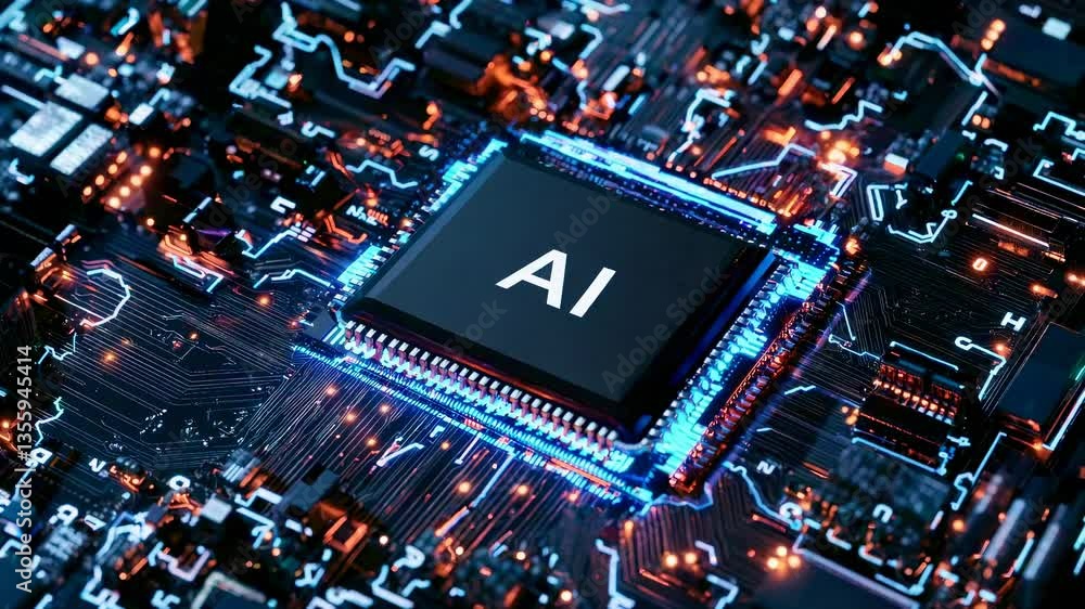 Poster aerial view of a glowing ai chip on a circuit board, showcasing futuristic technology. ideal for a t