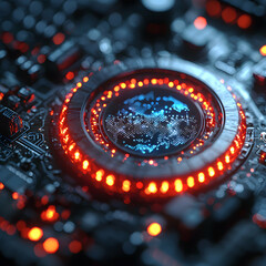 A close-up of a computer processor illuminated by glowing red lights. A blue digital map sits at its center suggesting global data processing. Suitable for tech backgrounds.