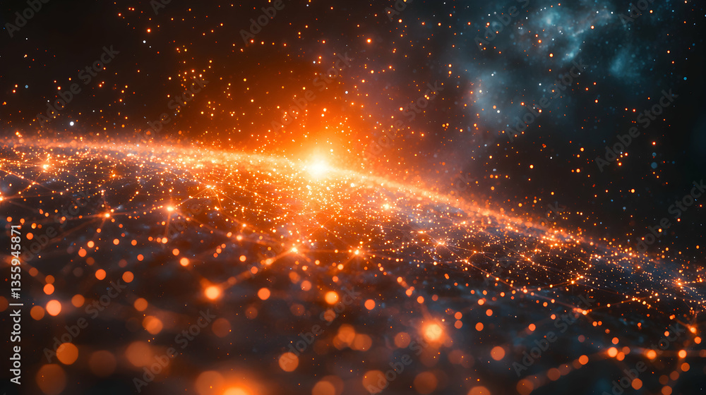 Poster an abstract digital art piece depicting interconnected glowing particles suggesting a cosmic network