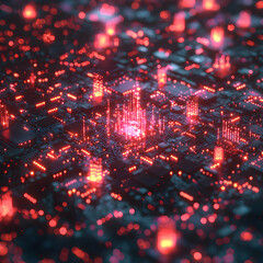 An abstract illustration of a circuit board with vibrant red lights. This image suggests technological advancement or data processing. It is suitable for tech and sci-fi applications.
