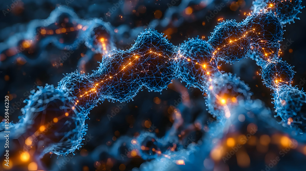 Poster abstract digital art depicts a glowing neural network or dna structure suggesting advanced technolog