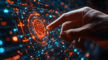 A hand interacts with a digital interface. The image evokes futuristic technology and data visualization. Possible applications include data analysis or system control.
