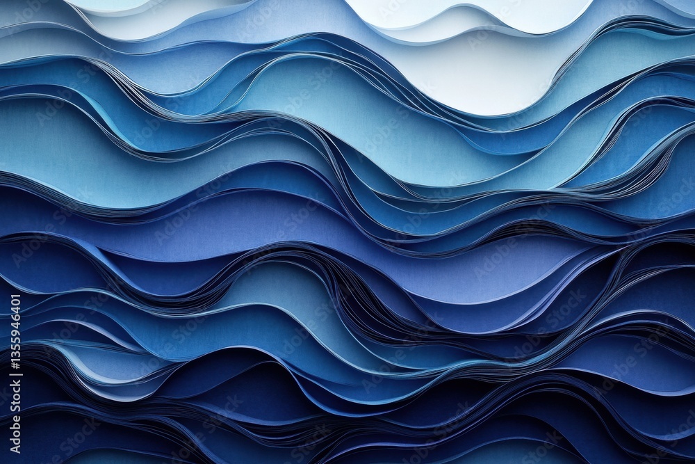 Poster dynamic abstract paper cut design showcases layered water waves with deep blue hues and smooth gradi