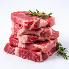 Fresh marbled beef steaks stacked with sprigs of rosemary