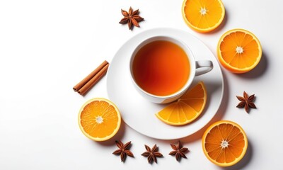 Aromatic tea with fresh oranges and spices on a white background