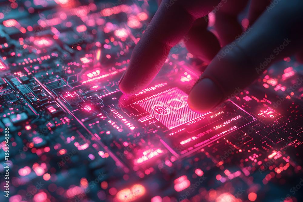 Poster futuristic image showcasing a hand interacting with a glowing circuit board. it suggests technology 