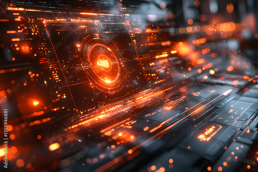 Poster a futuristic abstract image featuring glowing red circuits and data visualization perfect for techno