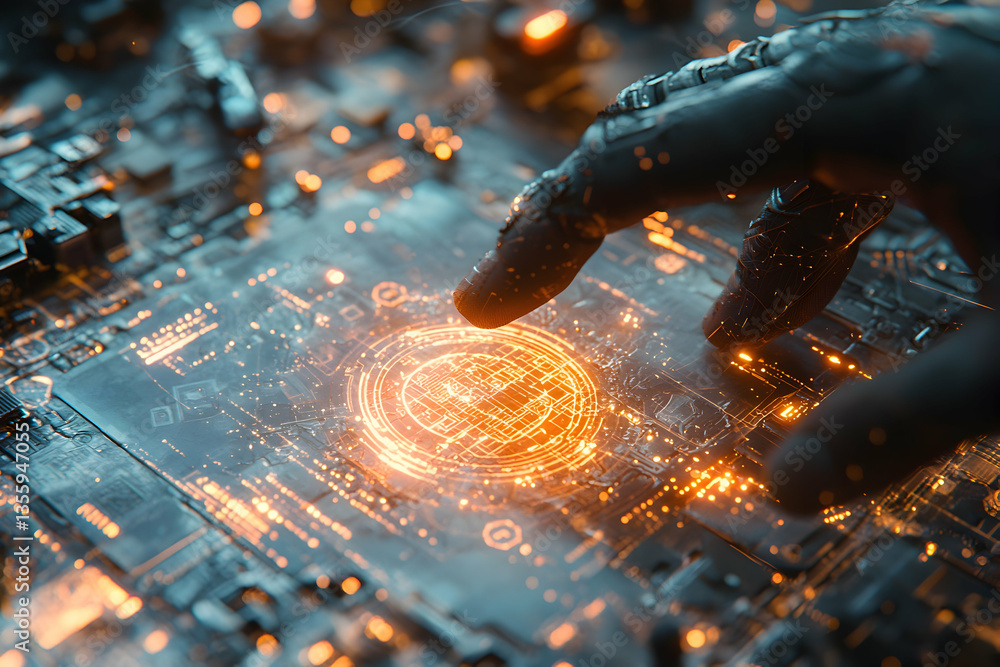 Poster futuristic cyborg hand interacting with an illuminated circuit board possibly analyzing or controlli