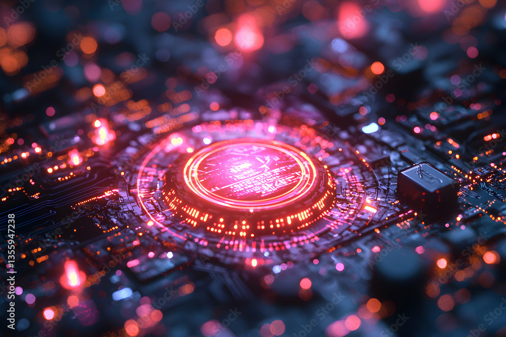 Poster intricate circuit board glowing with pink and orange lights representing advanced technology. sugges