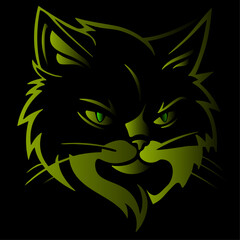 A bold and stylish cat head that glows in shades of green. This fierce design features sharp lines and a powerful expression.