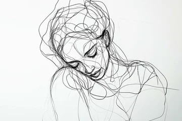 Abstract one line art drawing of a woman leaning on a man's chest, one line art smooth lines drawing