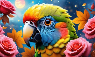 Vibrant parrot surrounded by roses and leaves under a night sky with full moon