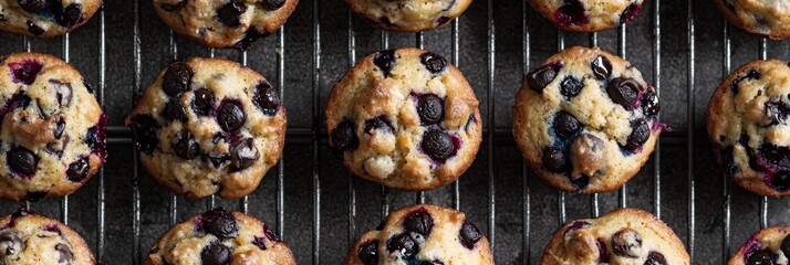 A close-up of freshly baked muffins on a cooling rack, with chocolate chips and blueberries