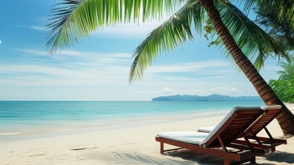 Obraz premium A serene beach scene with a palm tree and lounge chair by the sea.