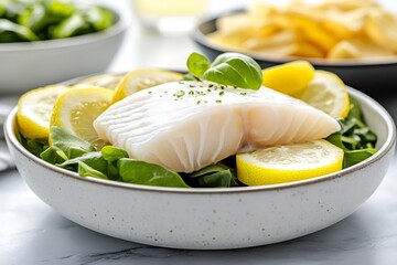 Delicious cod fillet seasoned with lemon and basil resting on a bed of spinach