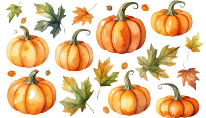 Watercolor Pumpkins and Autumn Leaves on Black Background