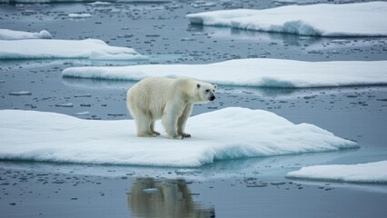 A polar bear stands on an ice floe in a serene Arctic environment.