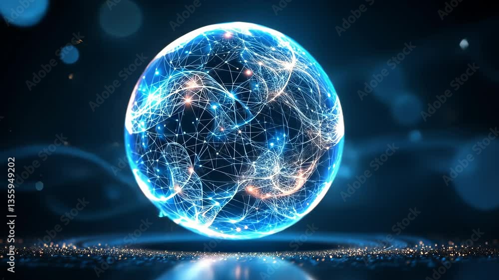 Poster futuristic glowing orb with dynamic neural network connections and energy pulses