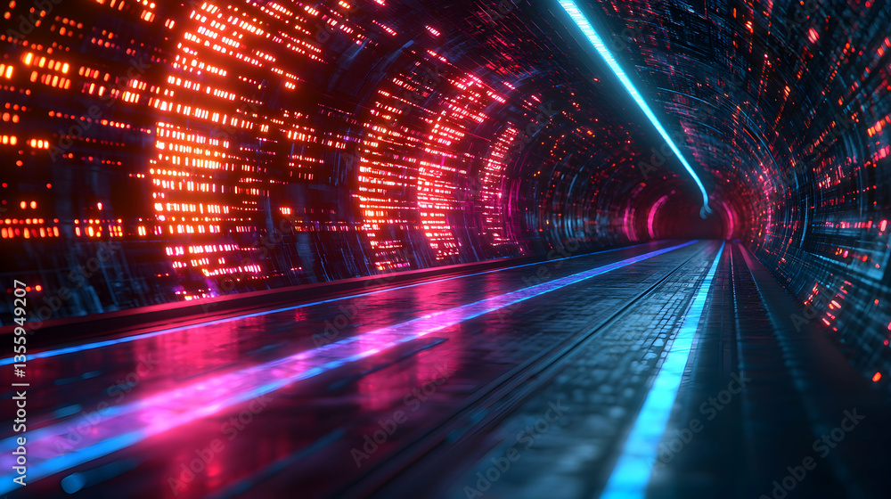 Poster a futuristic tunnel with vibrant neon lights creating a stunning digital environment. it's perfect f