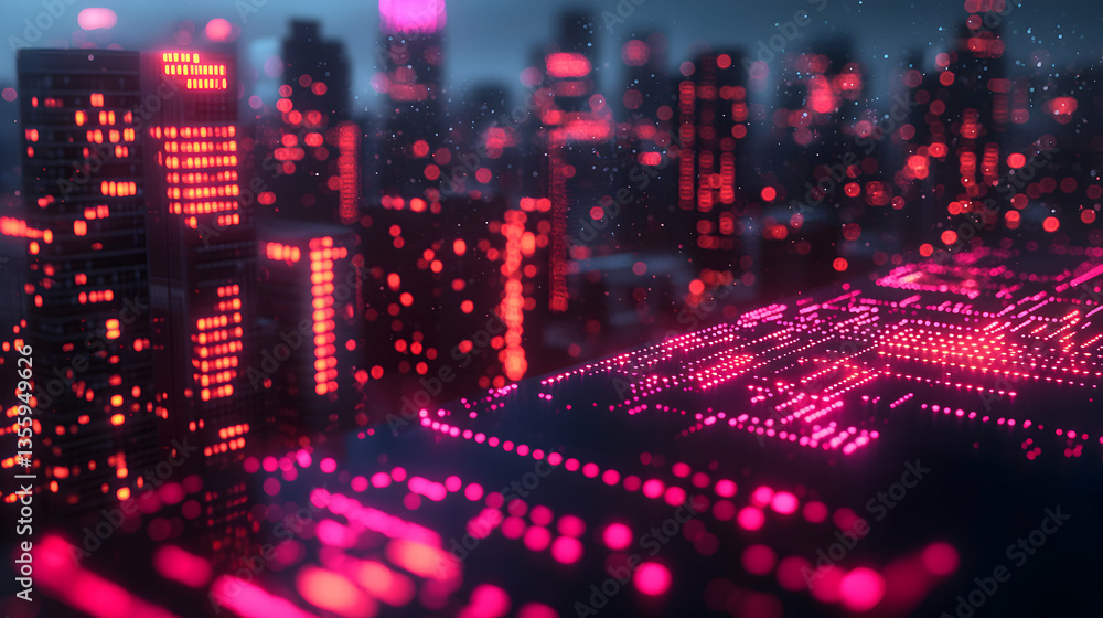 Poster a cyberpunk cityscape glowing with neon lights. the image depicts a digital city with circuit board 