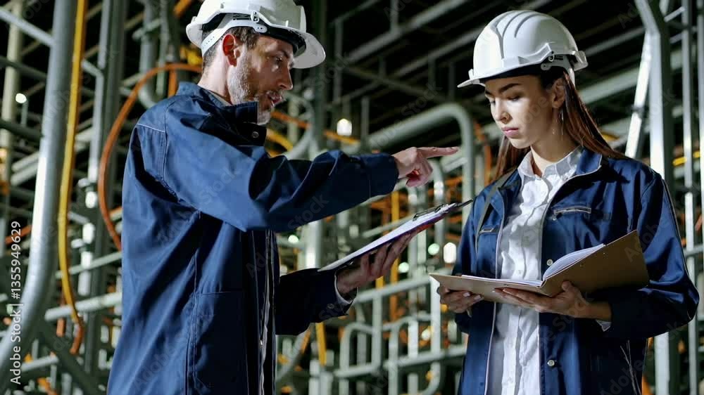 Poster low-angle video shot of two engineers in hard hats discussing plans in an industrial setting, emphas