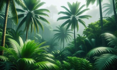Lush tropical jungle with palm trees and dense greenery in misty atmosphere