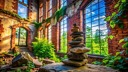 Intricate rock balancing art contrasts with abandoned buildings, crumbling walls, and the mysterious decay of industrial spaces.