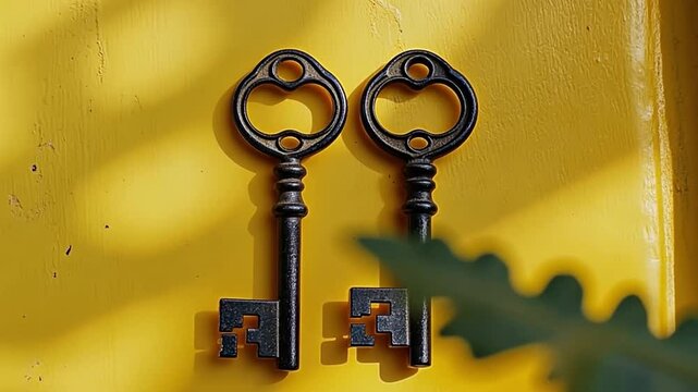 These antique keys stand out against a vivid yellow wall. They symbolize opportunity and discovery. A charming addition to any creative project. Generative AI