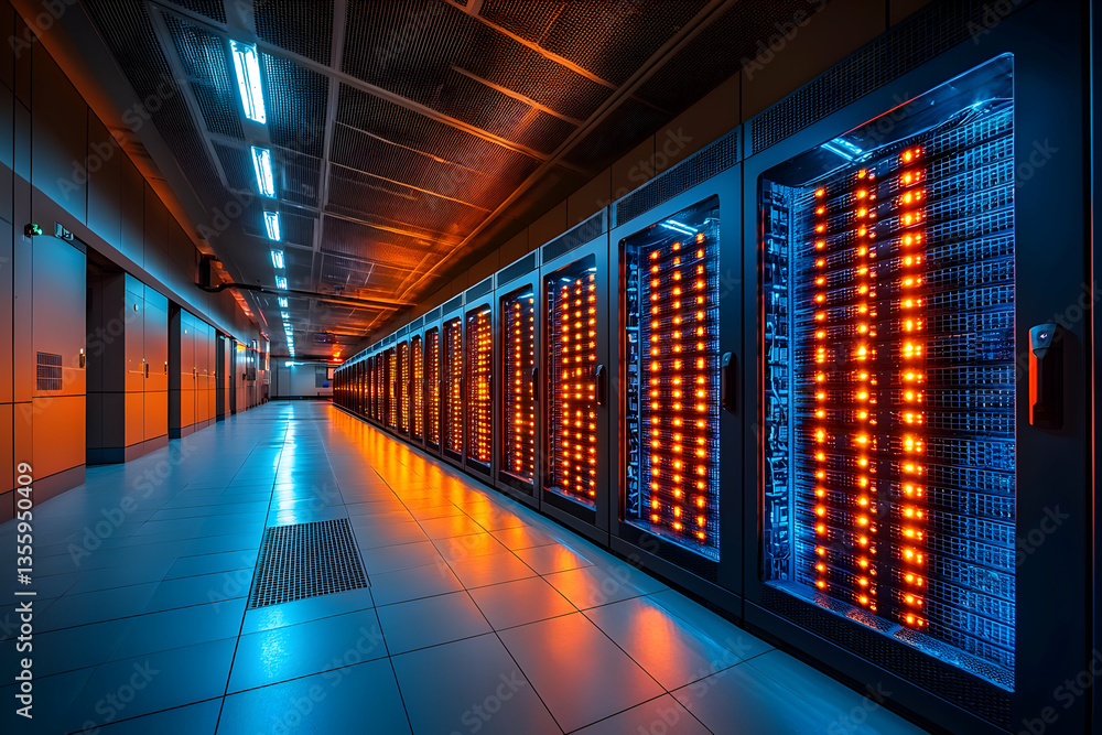 Poster a modern data center hallway showcases servers glowing with orange lights. it is the home for critic
