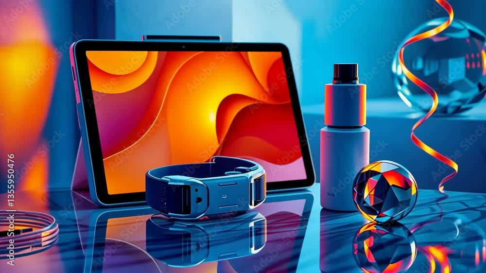 Poster Sleek tech gadget display with colorful reflections and artistic glass elements
