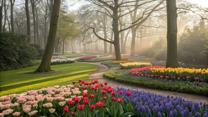 Obraz premium Keukenhof's vibrant tulip blooms captured in a dreamy, long-exposure spring photograph.