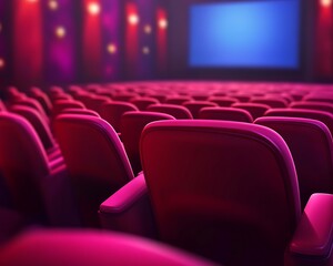 Red cinema seats facing a blank screen in a theater hall