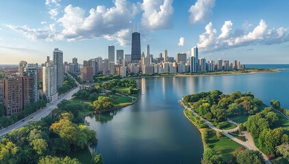 Obraz premium Aerial View of City Skyline with Lake and Park