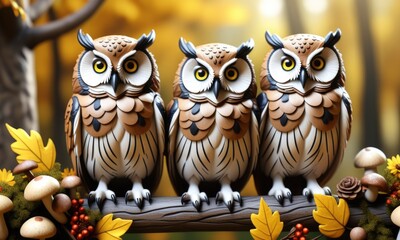 Three stylized owls perched on a branch amidst autumn foliage